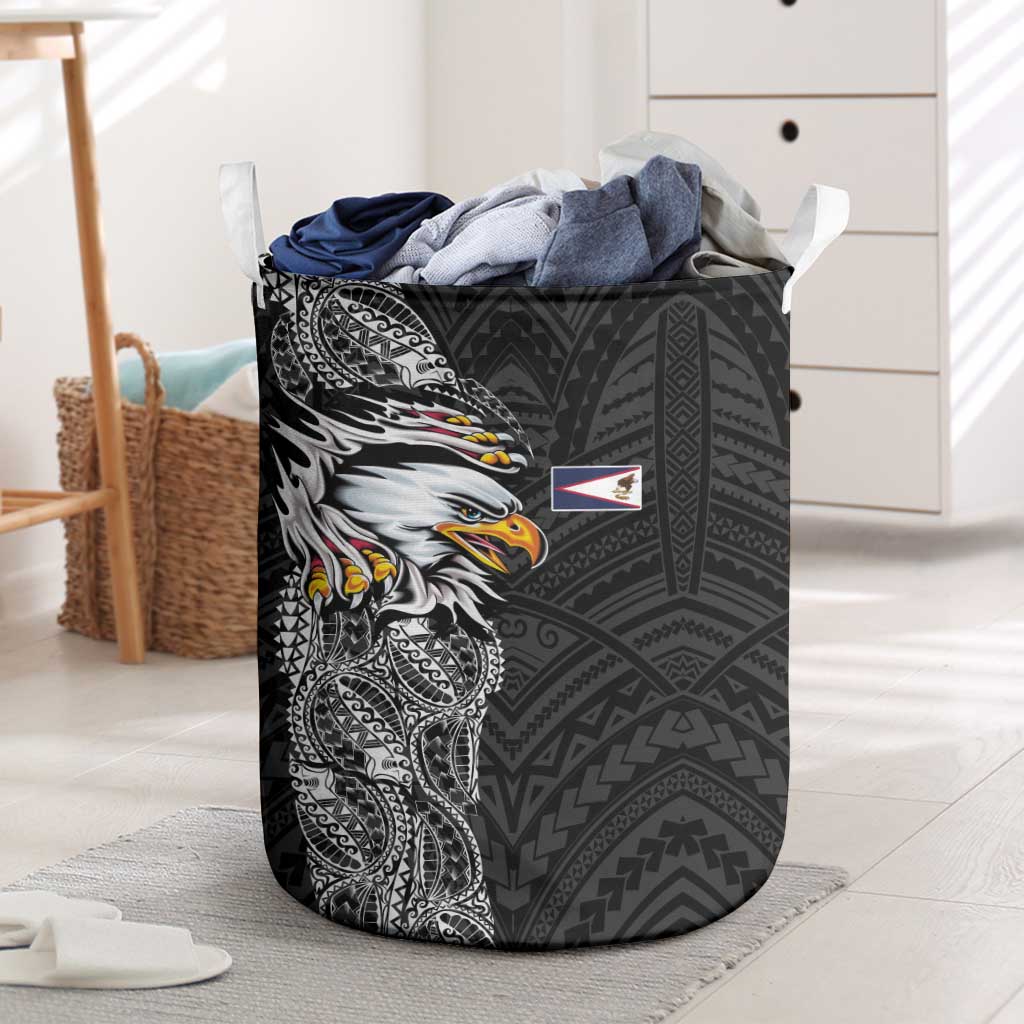 American Samoa Flag Day Laundry Basket Tribal Tattoo with Eagle Black