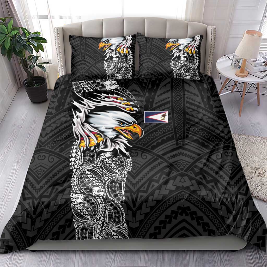American Samoa Flag Day Bedding Set Tribal Tattoo with Eagle Black