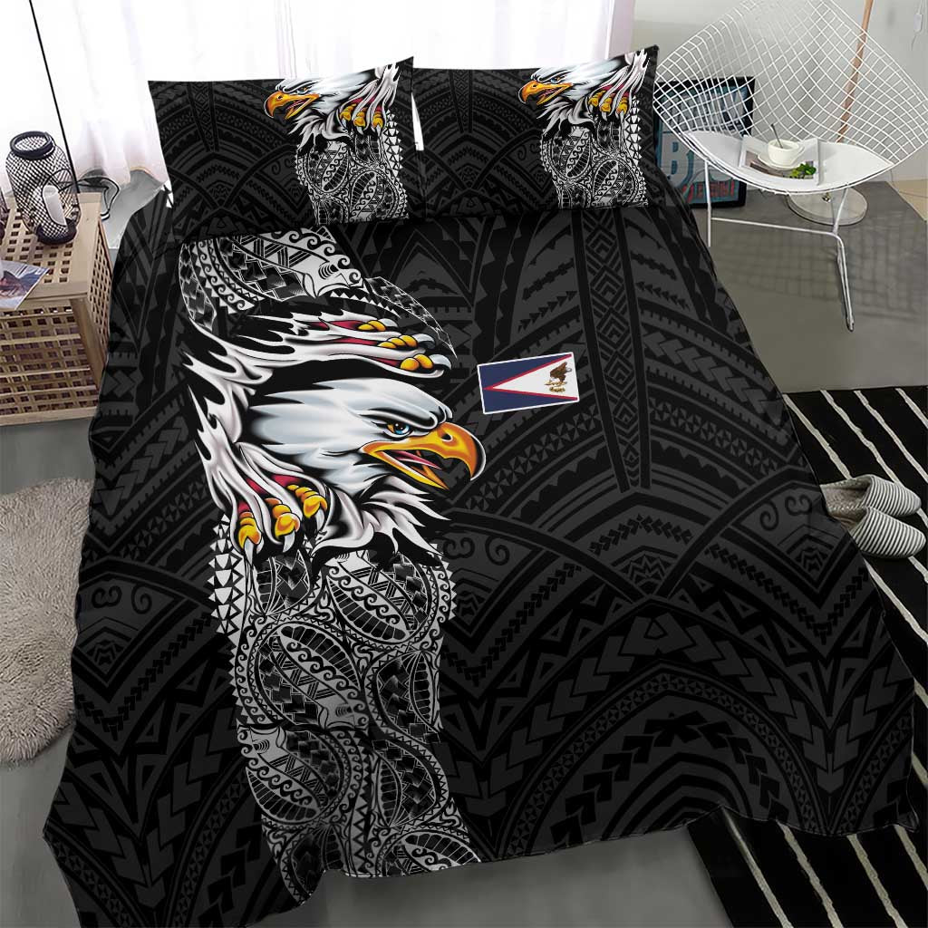 American Samoa Flag Day Bedding Set Tribal Tattoo with Eagle Black