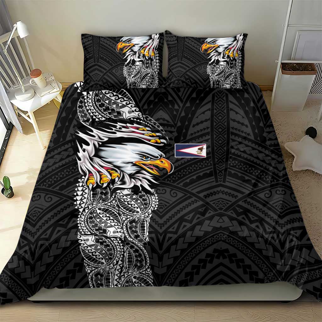 American Samoa Flag Day Bedding Set Tribal Tattoo with Eagle Black