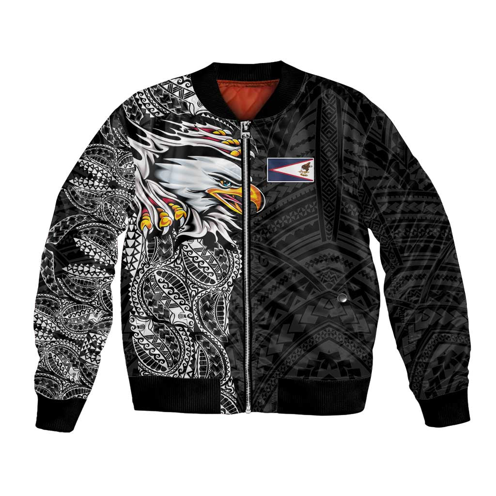 American Samoa Flag Day Bomber Jacket Tribal Tattoo with Eagle Black LT03 Unisex Black - Polynesian Pride