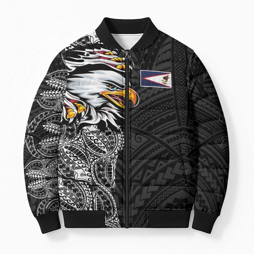 American Samoa Flag Day Bomber Puffer Jacket Tribal Tattoo with Eagle Black