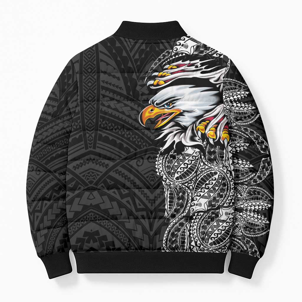 American Samoa Flag Day Bomber Puffer Jacket Tribal Tattoo with Eagle Black