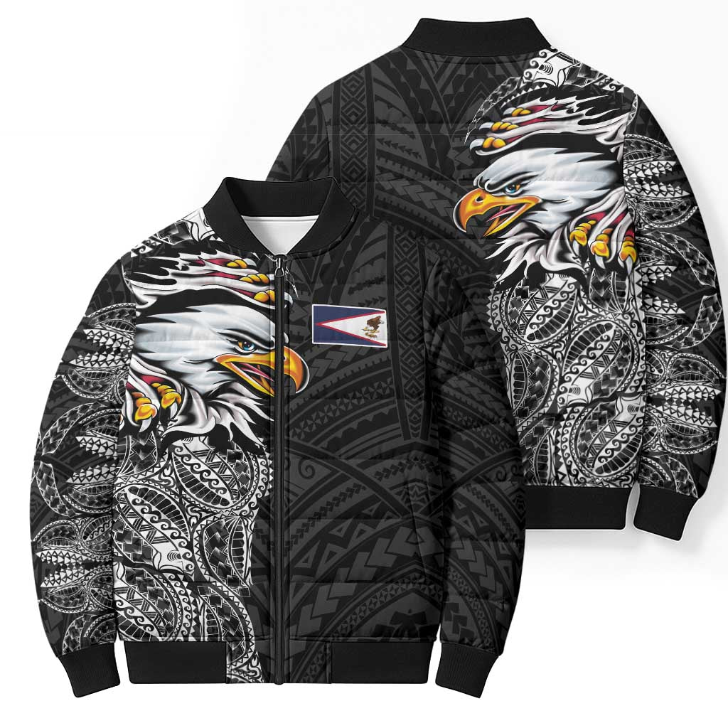 American Samoa Flag Day Bomber Puffer Jacket Tribal Tattoo with Eagle Black