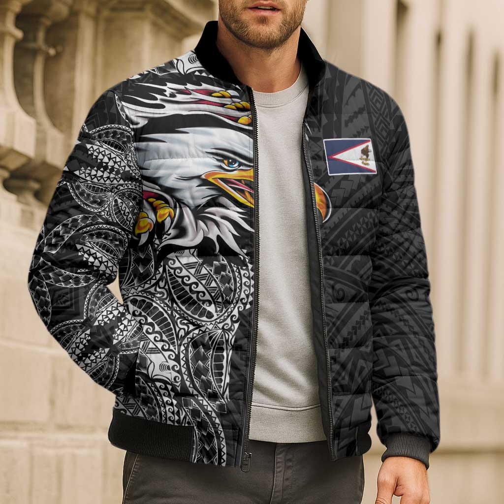 American Samoa Flag Day Bomber Puffer Jacket Tribal Tattoo with Eagle Black
