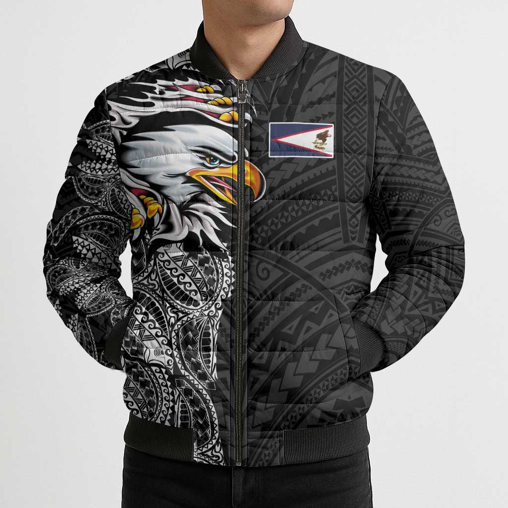 American Samoa Flag Day Bomber Puffer Jacket Tribal Tattoo with Eagle Black