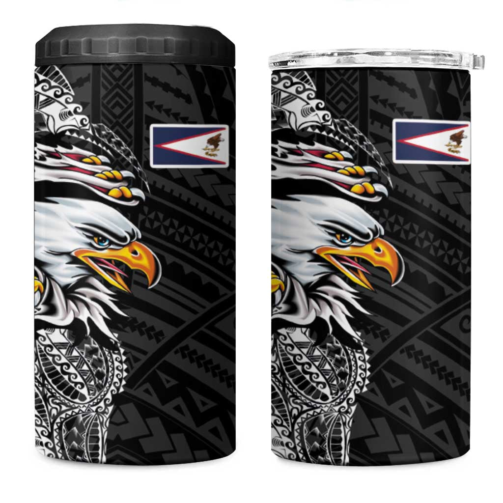 American Samoa Flag Day 4 in 1 Can Cooler Tumbler Tribal Tattoo with Eagle Black