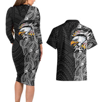 American Samoa Flag Day Couples Matching Long Sleeve Bodycon Dress and Hawaiian Shirt Tribal Tattoo with Eagle Black LT03 - Polynesian Pride