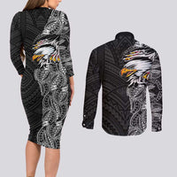 American Samoa Flag Day Couples Matching Long Sleeve Bodycon Dress and Long Sleeve Button Shirt Tribal Tattoo with Eagle Black LT03 - Polynesian Pride