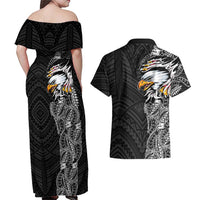 American Samoa Flag Day Couples Matching Off Shoulder Maxi Dress and Hawaiian Shirt Tribal Tattoo with Eagle Black LT03 - Polynesian Pride