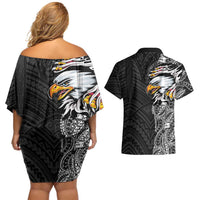 American Samoa Flag Day Couples Matching Off Shoulder Short Dress and Hawaiian Shirt Tribal Tattoo with Eagle Black LT03 - Polynesian Pride