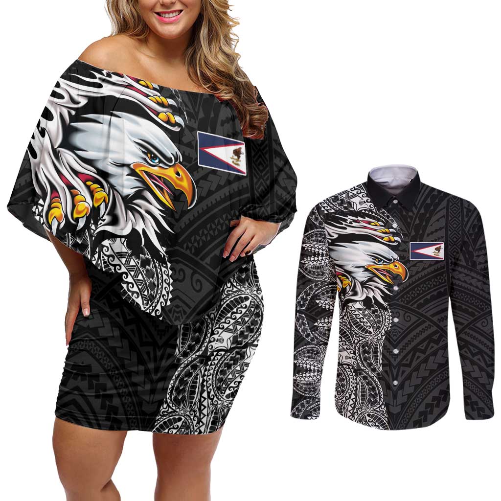 American Samoa Flag Day Couples Matching Off Shoulder Short Dress and Long Sleeve Button Shirt Tribal Tattoo with Eagle Black