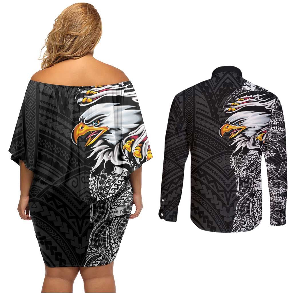 American Samoa Flag Day Couples Matching Off Shoulder Short Dress and Long Sleeve Button Shirt Tribal Tattoo with Eagle Black