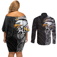 American Samoa Flag Day Couples Matching Off Shoulder Short Dress and Long Sleeve Button Shirt Tribal Tattoo with Eagle Black