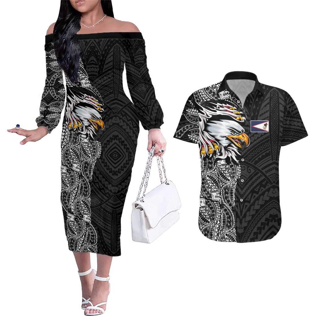 American Samoa Flag Day Couples Matching Off The Shoulder Long Sleeve Dress and Hawaiian Shirt Tribal Tattoo with Eagle Black LT03 Black - Polynesian Pride