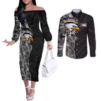 American Samoa Flag Day Couples Matching Off The Shoulder Long Sleeve Dress and Long Sleeve Button Shirt Tribal Tattoo with Eagle Black LT03 Black - Polynesian Pride