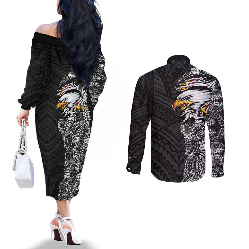 American Samoa Flag Day Couples Matching Off The Shoulder Long Sleeve Dress and Long Sleeve Button Shirt Tribal Tattoo with Eagle Black LT03 - Polynesian Pride