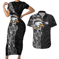 American Samoa Flag Day Couples Matching Short Sleeve Bodycon Dress and Hawaiian Shirt Tribal Tattoo with Eagle Black LT03 Black - Polynesian Pride
