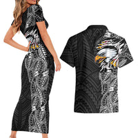 American Samoa Flag Day Couples Matching Short Sleeve Bodycon Dress and Hawaiian Shirt Tribal Tattoo with Eagle Black LT03 - Polynesian Pride