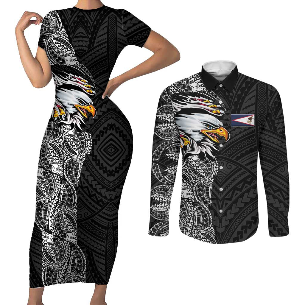 American Samoa Flag Day Couples Matching Short Sleeve Bodycon Dress and Long Sleeve Button Shirt Tribal Tattoo with Eagle Black LT03 Black - Polynesian Pride