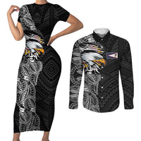 American Samoa Flag Day Couples Matching Short Sleeve Bodycon Dress and Long Sleeve Button Shirt Tribal Tattoo with Eagle Black LT03 Black - Polynesian Pride