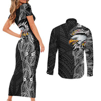 American Samoa Flag Day Couples Matching Short Sleeve Bodycon Dress and Long Sleeve Button Shirt Tribal Tattoo with Eagle Black LT03 - Polynesian Pride
