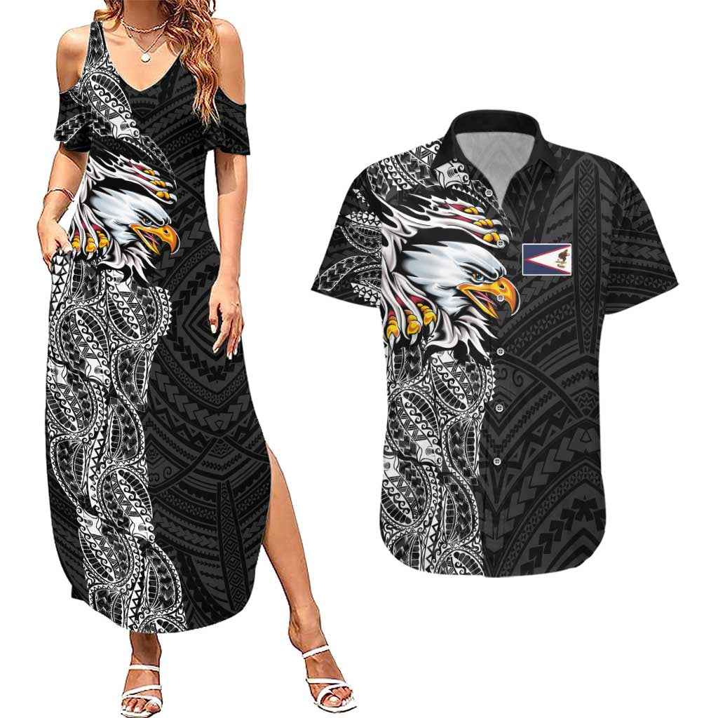 American Samoa Flag Day Couples Matching Summer Maxi Dress and Hawaiian Shirt Tribal Tattoo with Eagle Black LT03 Black - Polynesian Pride