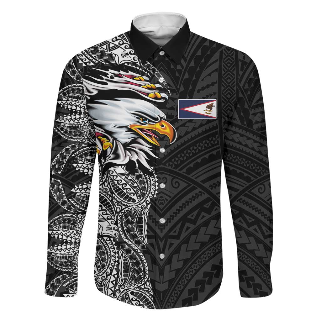American Samoa Flag Day Family Matching Long Sleeve Bodycon Dress and Hawaiian Shirt Tribal Tattoo with Eagle Black