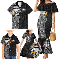 American Samoa Flag Day Family Matching Mermaid Dress and Hawaiian Shirt Tribal Tattoo with Eagle Black