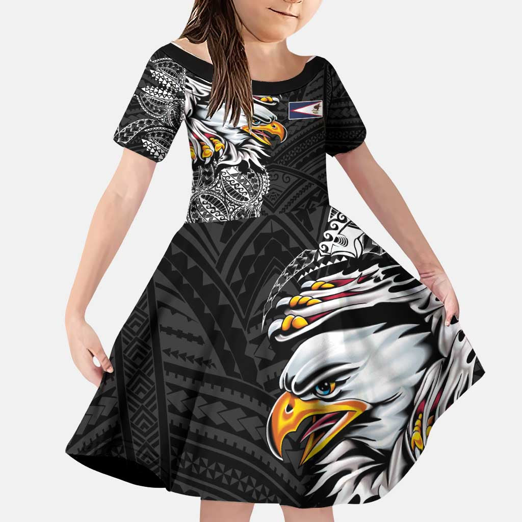 American Samoa Flag Day Family Matching Off Shoulder Maxi Dress and Hawaiian Shirt Tribal Tattoo with Eagle Black LT03 Daughter's Dress Black - Polynesian Pride