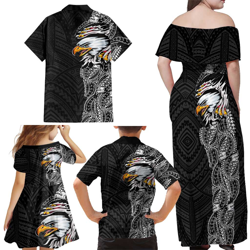 American Samoa Flag Day Family Matching Off Shoulder Maxi Dress and Hawaiian Shirt Tribal Tattoo with Eagle Black LT03 - Polynesian Pride