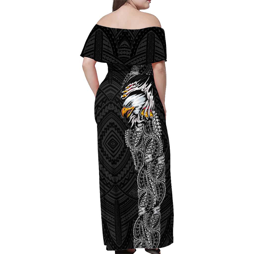 American Samoa Flag Day Family Matching Off Shoulder Maxi Dress and Hawaiian Shirt Tribal Tattoo with Eagle Black LT03 - Polynesian Pride
