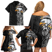 American Samoa Flag Day Family Matching Off Shoulder Short Dress and Hawaiian Shirt Tribal Tattoo with Eagle Black LT03 - Polynesian Pride