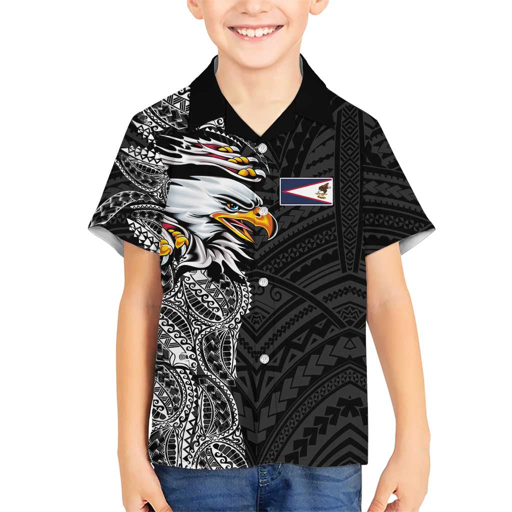 American Samoa Flag Day Family Matching Off Shoulder Short Dress and Hawaiian Shirt Tribal Tattoo with Eagle Black LT03 Son's Shirt Black - Polynesian Pride