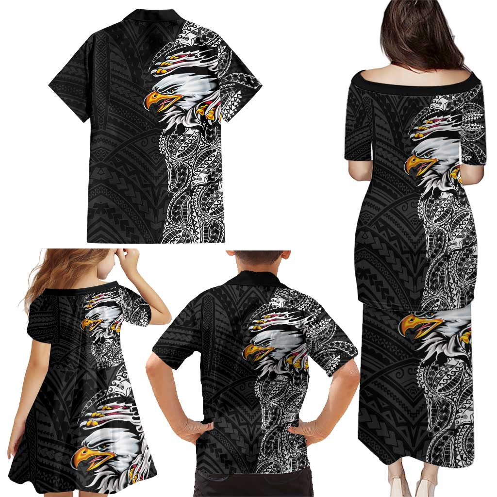 American Samoa Flag Day Family Matching Puletasi and Hawaiian Shirt Tribal Tattoo with Eagle Black LT03 - Polynesian Pride