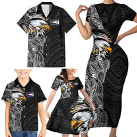 American Samoa Flag Day Family Matching Short Sleeve Bodycon Dress and Hawaiian Shirt Tribal Tattoo with Eagle Black