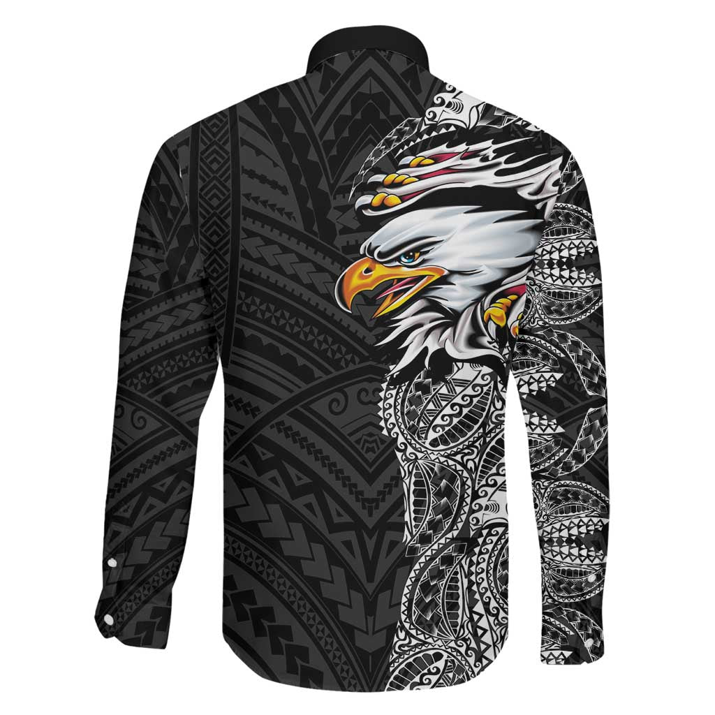 American Samoa Flag Day Family Matching Short Sleeve Bodycon Dress and Hawaiian Shirt Tribal Tattoo with Eagle Black