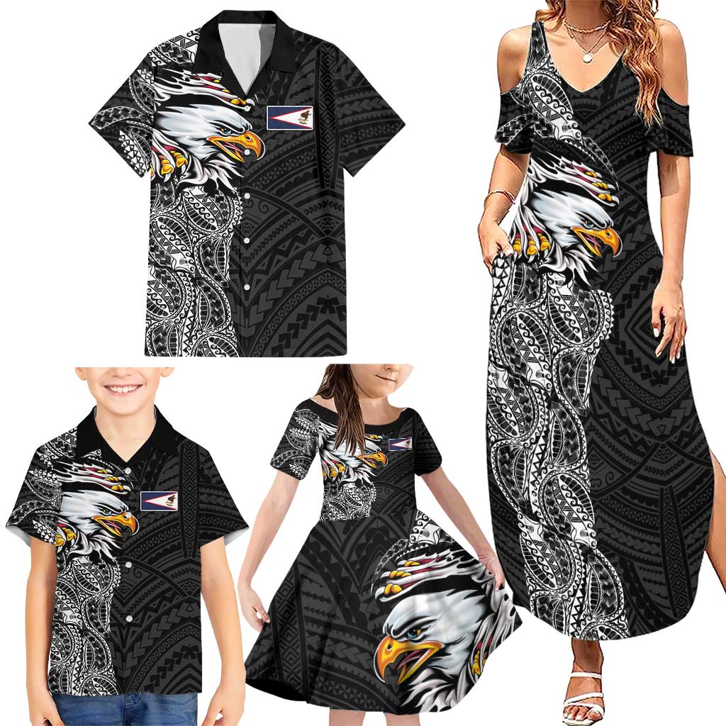 American Samoa Flag Day Family Matching Summer Maxi Dress and Hawaiian Shirt Tribal Tattoo with Eagle Black LT03 - Polynesian Pride
