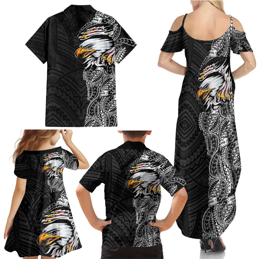 American Samoa Flag Day Family Matching Summer Maxi Dress and Hawaiian Shirt Tribal Tattoo with Eagle Black LT03 - Polynesian Pride