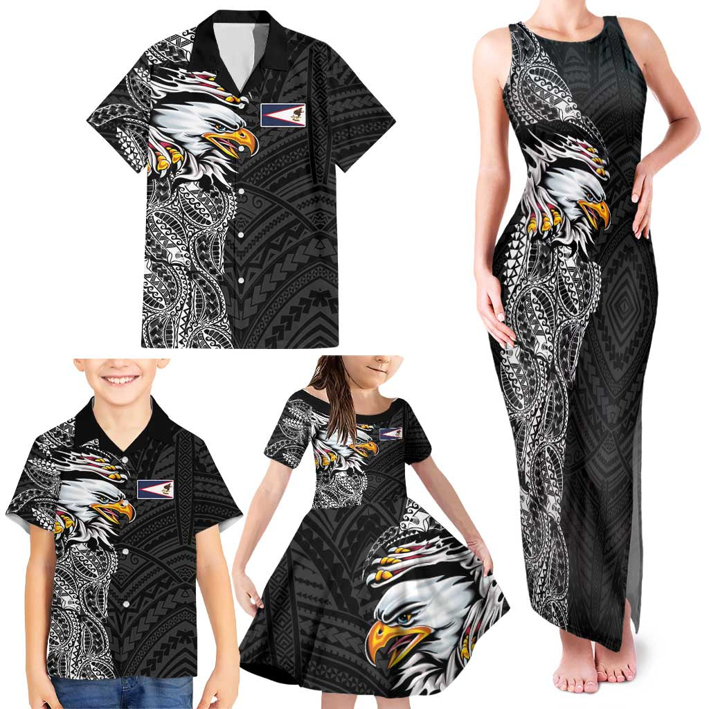 American Samoa Flag Day Family Matching Tank Maxi Dress and Hawaiian Shirt Tribal Tattoo with Eagle Black LT03 - Polynesian Pride