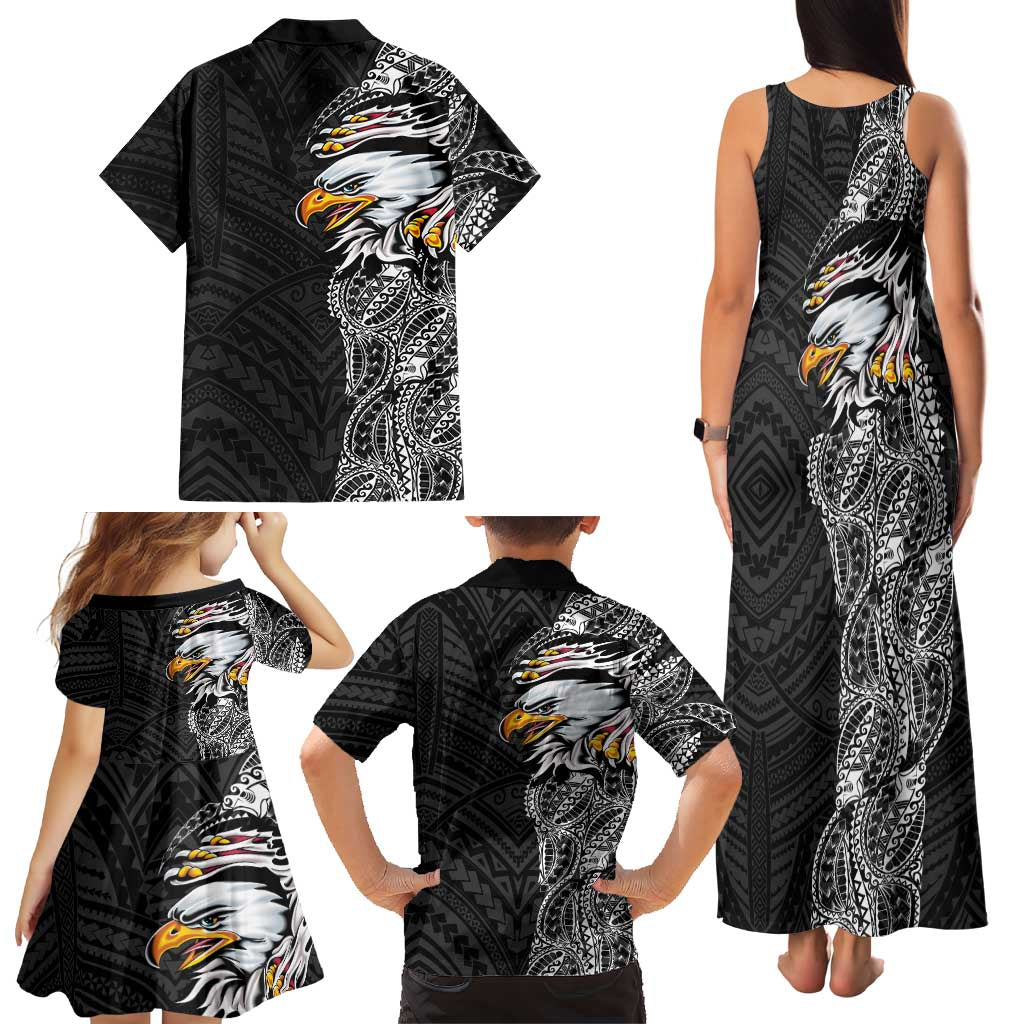 American Samoa Flag Day Family Matching Tank Maxi Dress and Hawaiian Shirt Tribal Tattoo with Eagle Black LT03 - Polynesian Pride