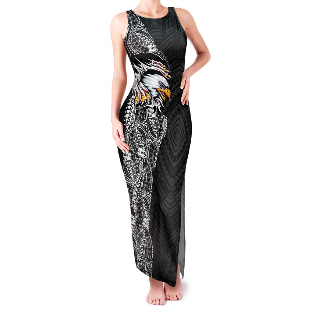 American Samoa Flag Day Family Matching Tank Maxi Dress and Hawaiian Shirt Tribal Tattoo with Eagle Black LT03 Mom's Dress Black - Polynesian Pride