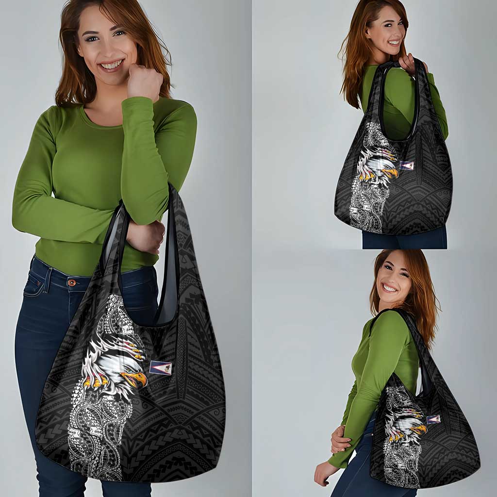 American Samoa Flag Day Grocery Bag Tribal Tattoo with Eagle Black