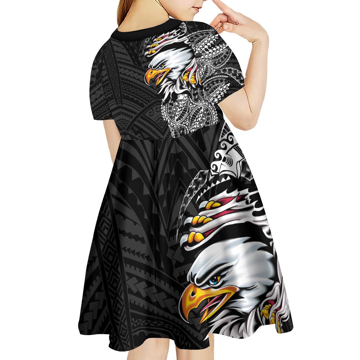 American Samoa Flag Day Kid Short Sleeve Dress Tribal Tattoo with Eagle Black