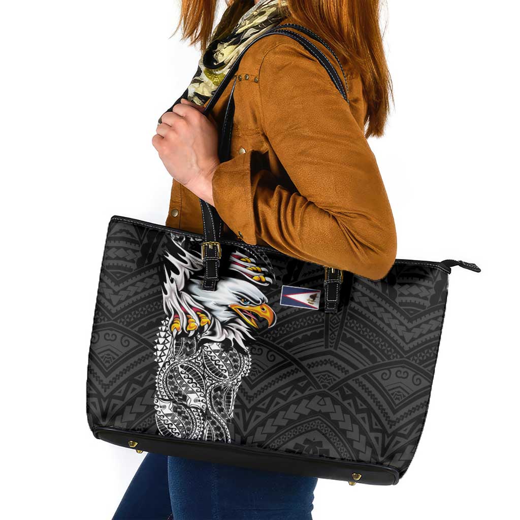American Samoa Flag Day Leather Tote Bag Tribal Tattoo with Eagle Black