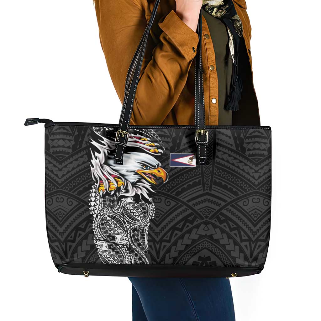 American Samoa Flag Day Leather Tote Bag Tribal Tattoo with Eagle Black