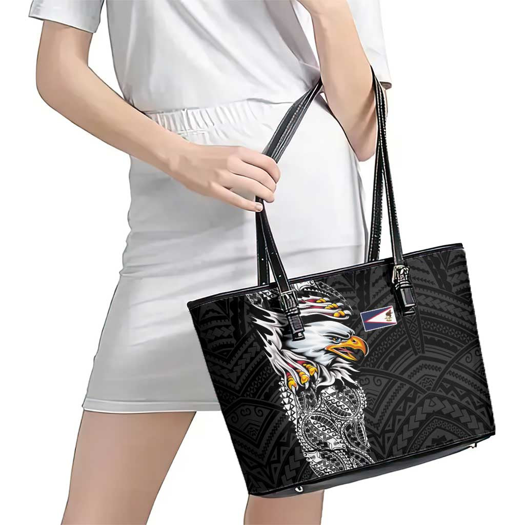 American Samoa Flag Day Leather Tote Bag Tribal Tattoo with Eagle Black