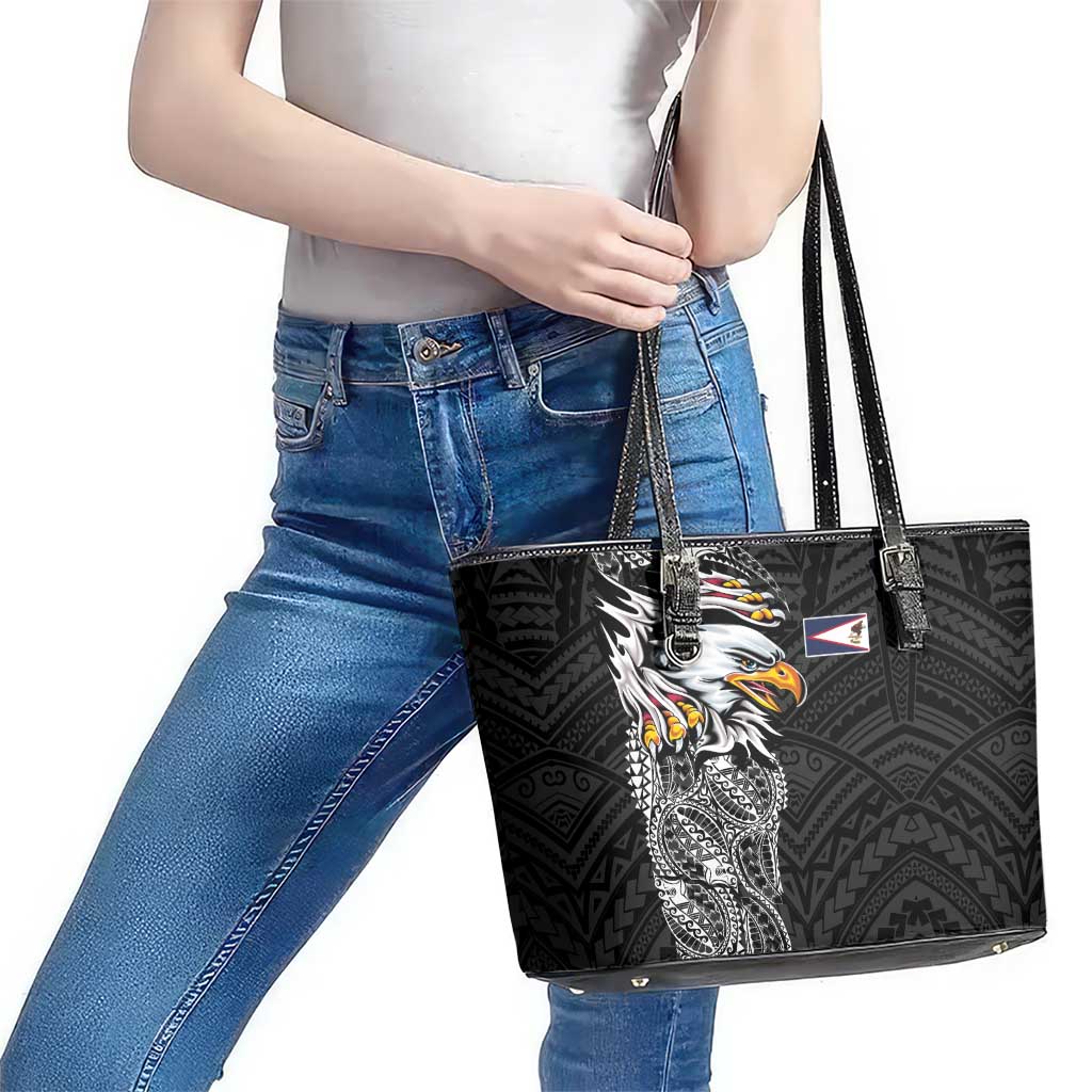 American Samoa Flag Day Leather Tote Bag Tribal Tattoo with Eagle Black