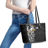 American Samoa Flag Day Leather Tote Bag Tribal Tattoo with Eagle Black
