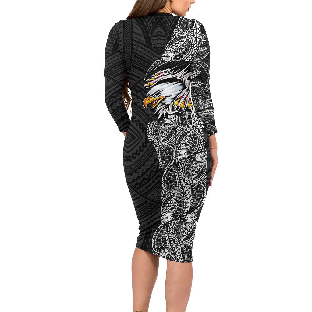 American Samoa Flag Day Long Sleeve Bodycon Dress Tribal Tattoo with Eagle Black